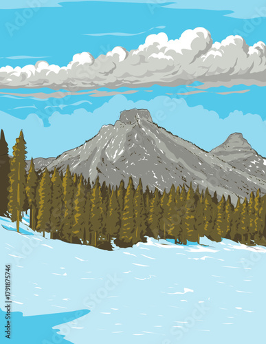 WPA style ukiyo-e or ukiyo illustration of Charleston Peak in Spring Mountains National Recreation Area, west of Las Vegas in southern Nevada USA done in retro works project administration style.