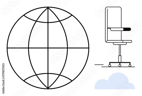 Outline globe beside a sleek office chair and cloud. Ideal for remote work, globalization, networking, technology, modern office design, digital collaboration, simple flat metaphor