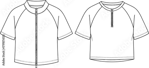 Front Back Technical Fashion Flat Sketch Illustration for Short Sleeve Cropped Rash Guard with Quarter-Zip and Full-Zip Options Swimwear Apparel Vector Template
