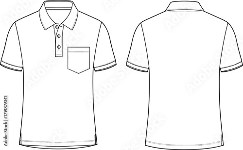 Front Back Technical Fashion Flat Sketch Illustration for Men's Short Sleeve Pocket Polo Shirt with Button Placket Apparel Design Vector Template