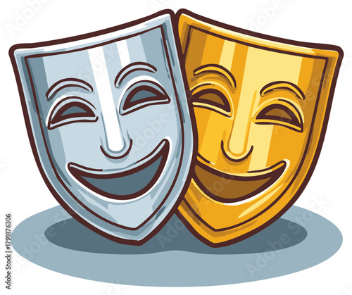 Smiling gold and silver comedy masks as a classic symbol for theater and performing arts