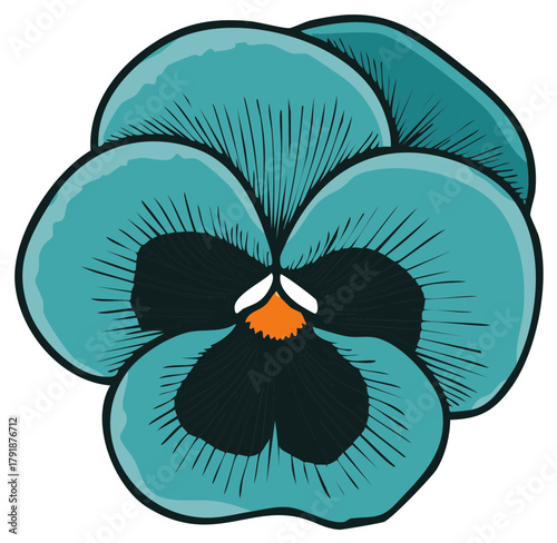 Illustration of a Teal Pansy Flower with Dark Center and Orange Stamen