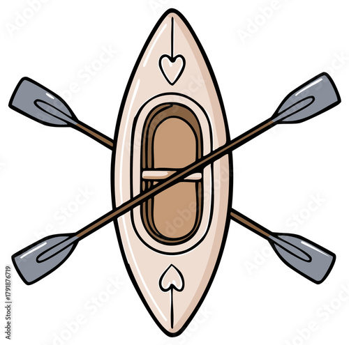 Cute cartoon boat with crossed paddles, top view, featuring decorative heart accents, vector illustration
