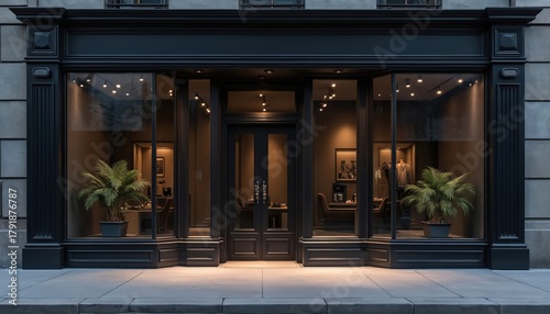 Minimalist black storefront with glass doors, windows lit by spotlights. Inside view display tables, plants. Modern commercial building exterior creates upscale atmosphere, inviting customers for