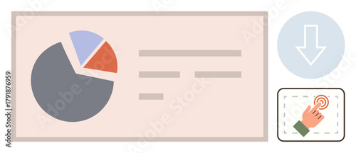 Pie chart, text details, download arrow, and touch icon represent data interaction. Ideal for analytics, data sharing, user interaction, information processing, reports digital tools simple flat