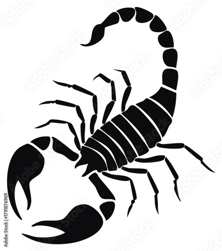 Black scorpion illustration with stinger ready to strike in a graphic style