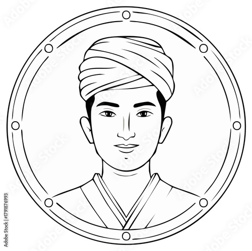 Portrait of a man wearing a turban inside a circular frame
