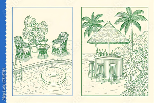 Tropical vacation resort scenes illustration