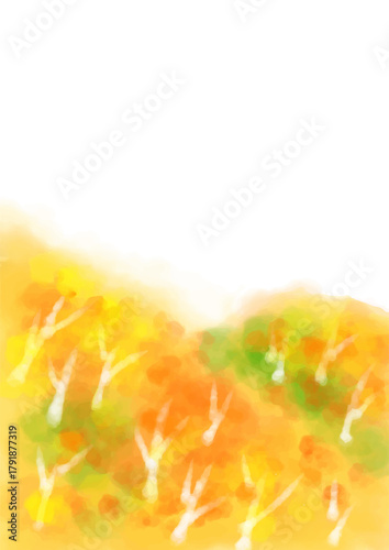 日本の里山秋の風景水彩手描き風（縦）