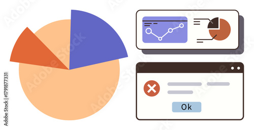 Pie chart, analytics dashboard with graphs, and alert dialog box combine to signify data errors. Ideal for business, analytics, technology, strategy, finance error handling information. Simple flat