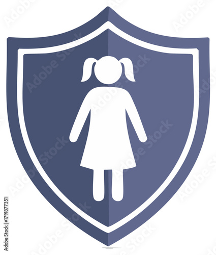 Protective blue shield icon featuring a white silhouette of a girl, safety and security concept