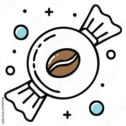 Wrapped coffee candy illustration with simple line art design and sweet flavor concept