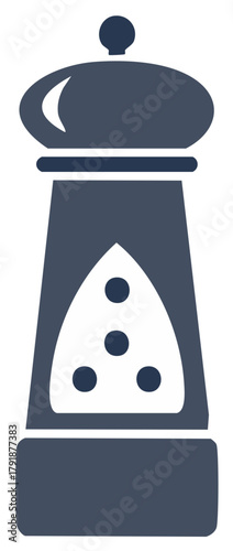 Minimalist dark blue pepper grinder icon with white window showing peppercorns