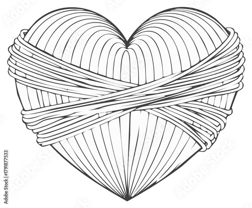 A heart wrapped in string a black and white line art vector symbol of protected or mended love