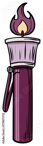 Stylized purple cartoon torch with a bright burning flame for victory and ceremony