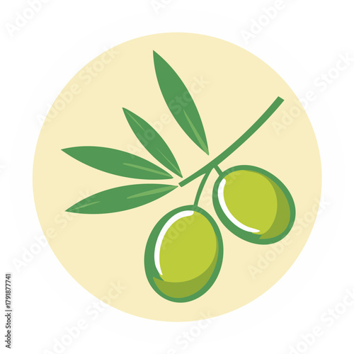 Olive branch illustration features fresh green olives and leaves on a twig within a circular badge design