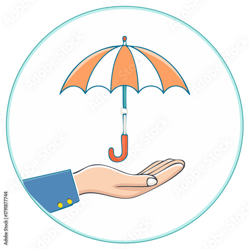 Cartoon Hand Offering Protection with Orange and White Striped Umbrella in Round Circle