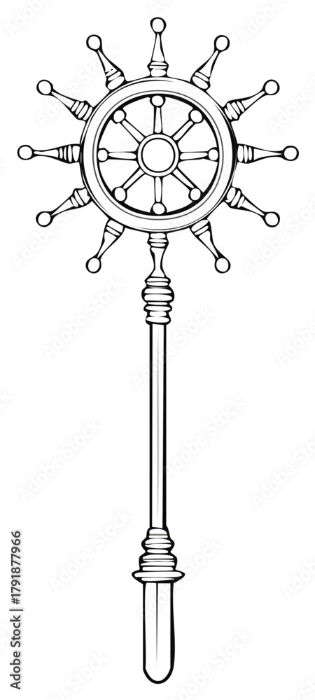 Obraz premium Ornate nautical ship's wheel with a long handle drawing