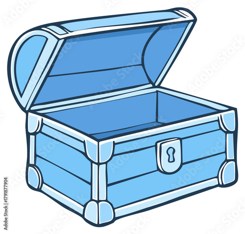 A simple cartoon illustration of an open and empty blue treasure chest with a keyhole lock