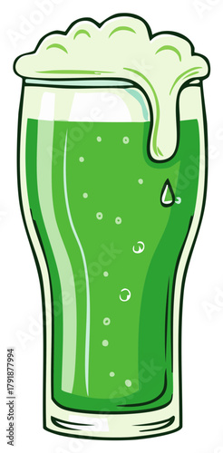 Vibrant green beverage in a pint glass with frothy foam overflowing cartoon illustration for celebration