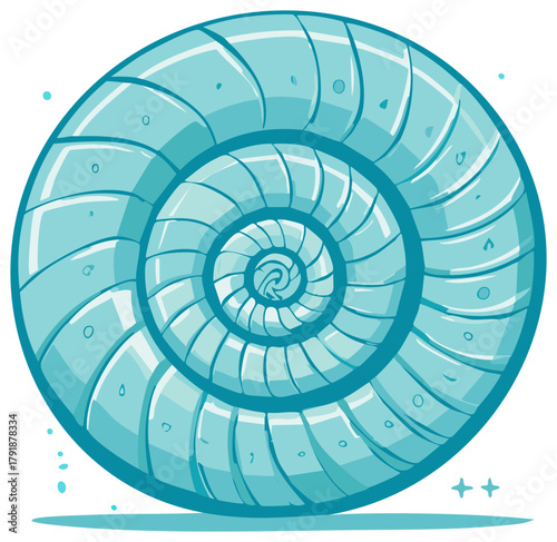 Stylized blue seashell illustration showing a nautilus shell spiral pattern