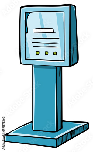 Blue Information Kiosk Terminal Featuring a Screen and Illuminated Buttons