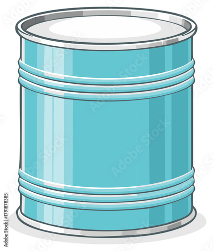 Cartoon illustration of light blue metal can container with silver rims for food or product storage