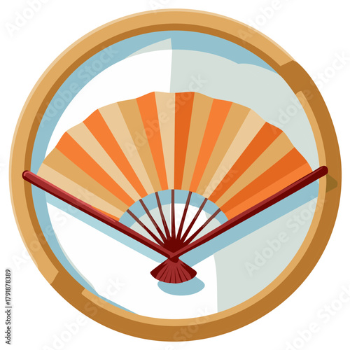 Traditional Asian handheld fan with orange and beige panels inside a wooden circle