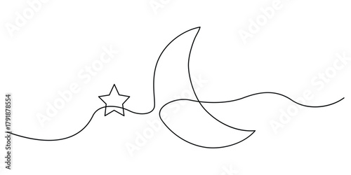Star with moon continuous one line drawing, Ramadan Kareem banner in simple linear style.