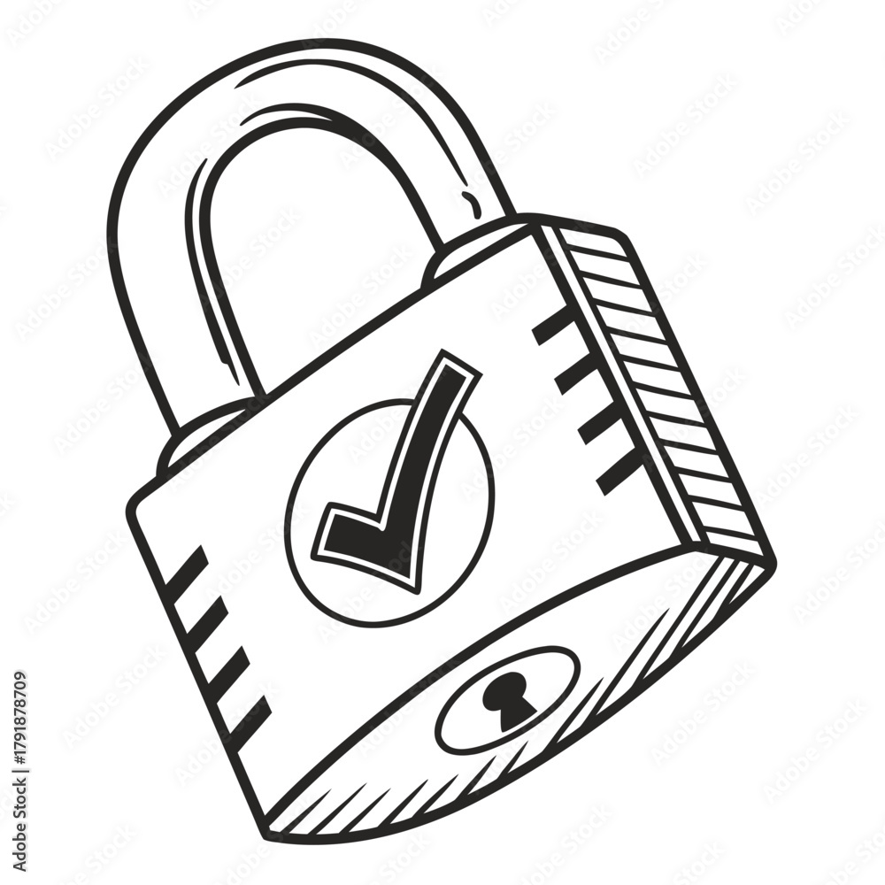 Fotografie Minimal lock logo where the negative space inside forms a check mark, representing safety and approval, solid black line vector on white background