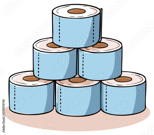 Cartoon illustration of a pyramid of blue toilet paper rolls neatly stacked together