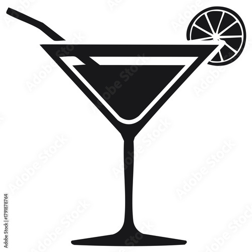 Black and white cocktail with lemon slice, martini glass, vector illustration