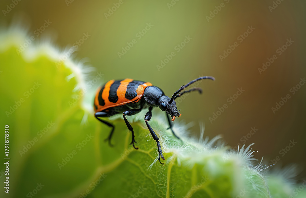 Naklejka premium Black and orange striped beetle insect crawls on hairy green leaf. Small arthropod macro closeup shows detail of antennae and body. Wild creature moves on plant in nature outdoors.