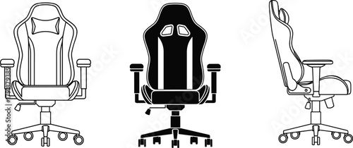 Gaming chair vector, ergonomic seat design, office chair illustration, adjustable armrest sketch, high backrest view, modern furniture, comfort seating art