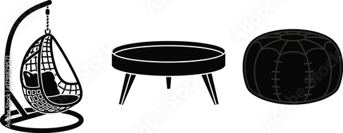 Modern furniture vector, egg chair silhouette, coffee table sketch, pouf ottoman icon, black and white decor, lounge seating design art