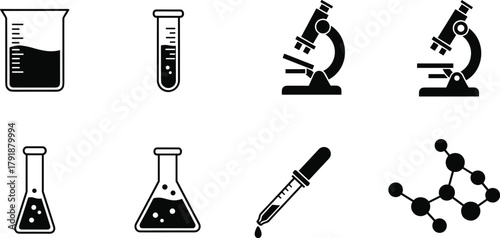Science lab icons, black and white vector, beaker test tube flask dropper microscope molecule sketch, chemistry biology research design art