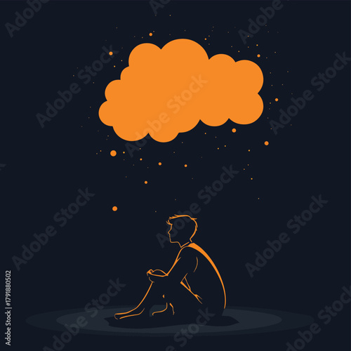 Cartoon vector of a person sitting under a thought cloud symbolizing contemplation and mental health awareness   , vector style simple color