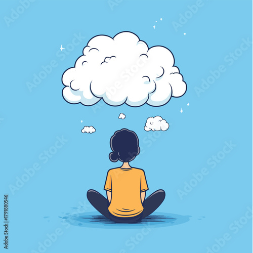Cartoon vector of a person sitting under a thought cloud symbolizing contemplation and mental health awareness   , vector style simple color