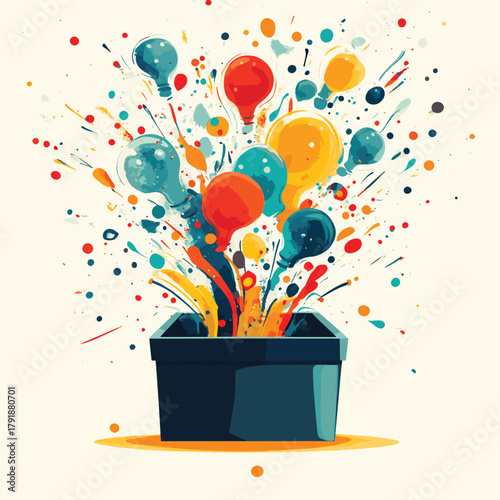 A gift box with many things bursting forth, bursting out new ideas, new thoughts and so on.   , vector style simple color