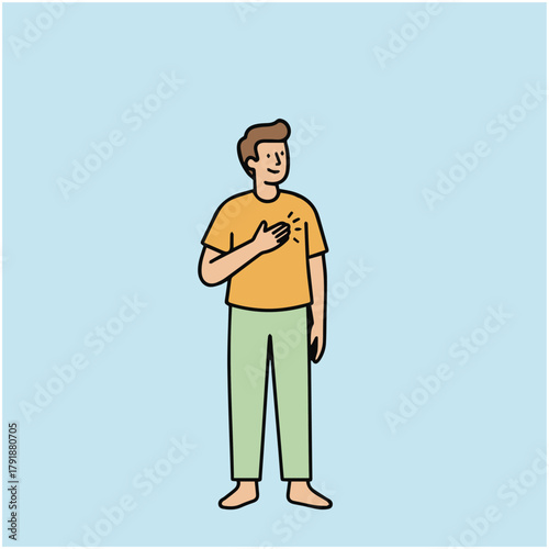 Calming Hand Over Heart

A figure placing one hand on their chest while the other stays relaxed at their side, bold thick lines, gentle gesture of grounding and calm movement.