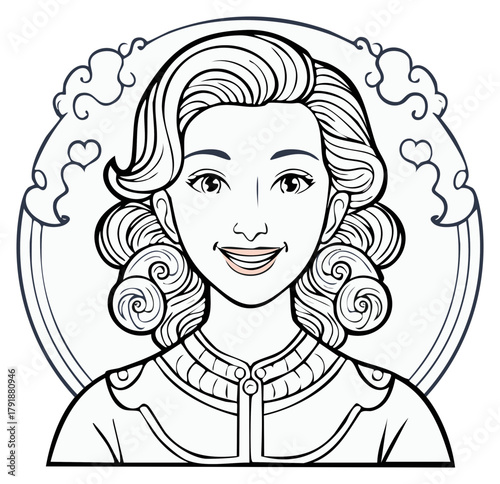 Elegant smiling woman with retro pin-up curls in a romantic heart frame line art illustration