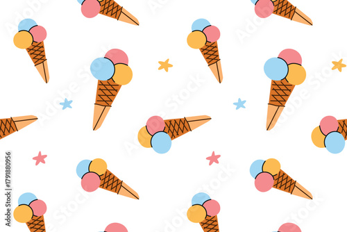 Vector illustration pattern with ice cream cones and colorful scoops. Flat cartoon design with sweet desserts, summer treats, waffle cones, creamy texture and frozen food theme