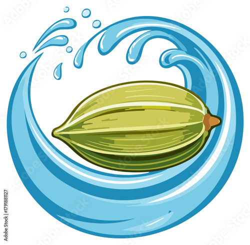 Cardamom pod in a water stream, aromatic spice with liquid wave illustration, culinary herb concept