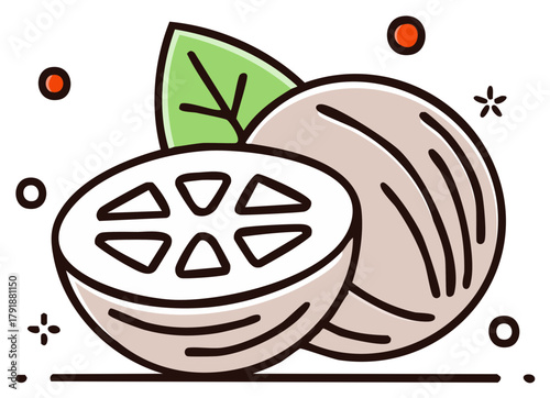 Healthy Whole Lotus Root Sliced with Green Leaf and Red Berries Stylized Illustration