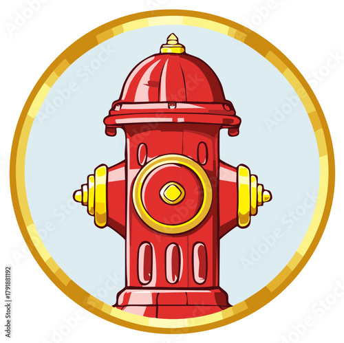 Cartoon illustration of a classic red fire hydrant inside a circular gold frame icon or badge