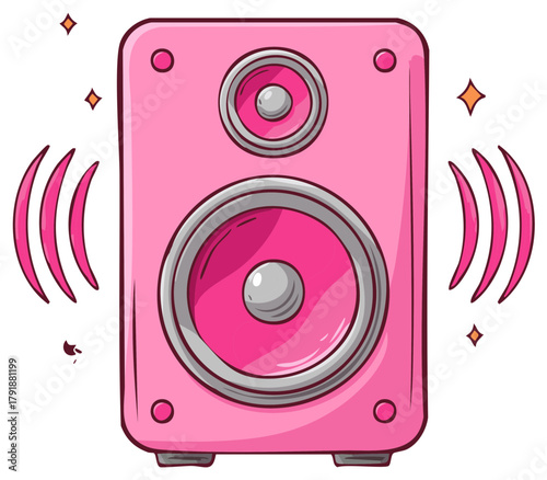Illustrated pink audio speaker monitor blasting music with sound waves and sparkles