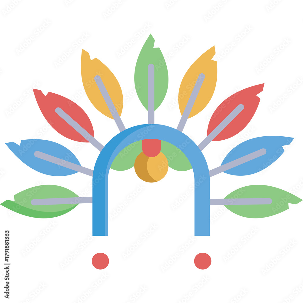 Fototapeta premium Colorful Feather Headdress Icon With Abstract Blue Arch And Red Dots On Transparent Background