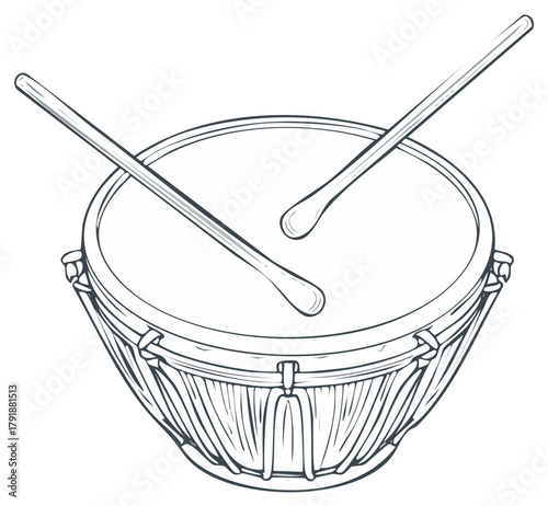 Percussion instrument drum with sticks drawing for music concept