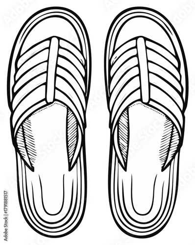 Top view line art illustration of a pair of flip-flops with straps and soles.