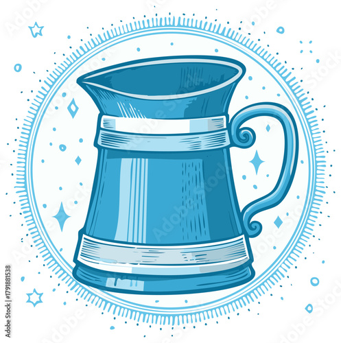 Stylized Illustration of a Blue Pitcher inside a Decorative Circle Frame with Stars and Dots as Elements